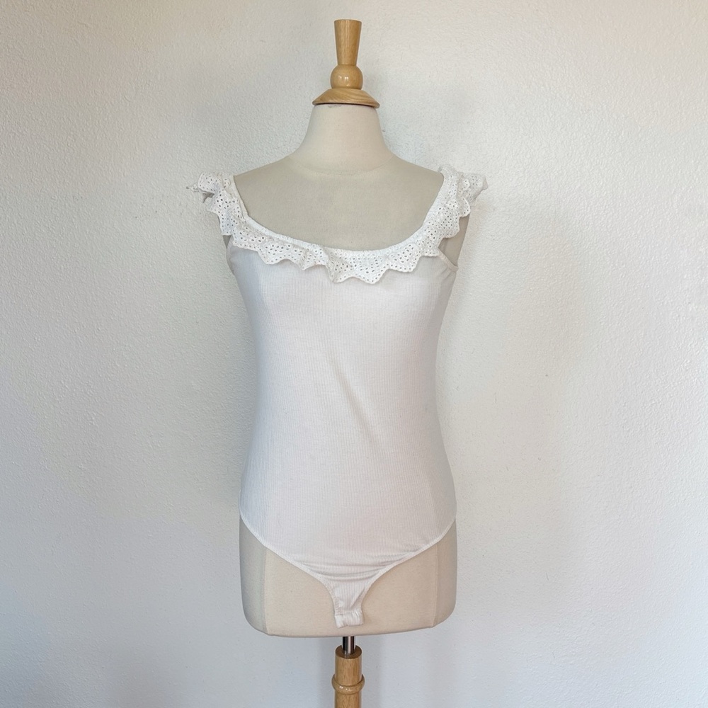 Good Luck Gem White Eyelet Trim Ribbed Tank